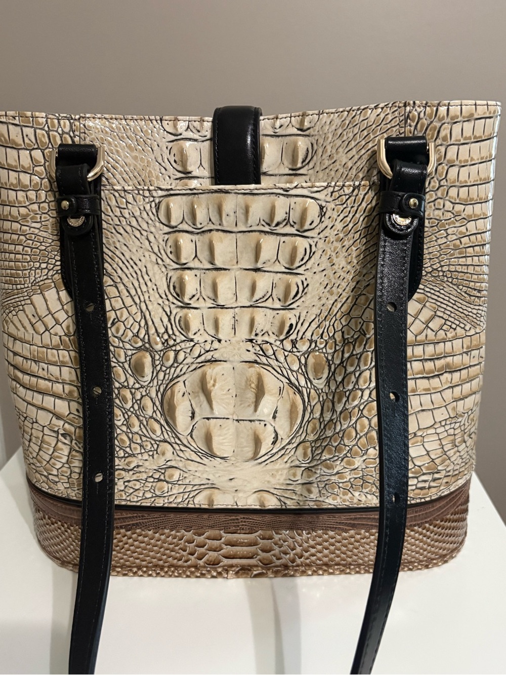 Brahmin Ivory Croc-Embossed Leather Tote with Dark Brown Trim - Picture 2 of 6